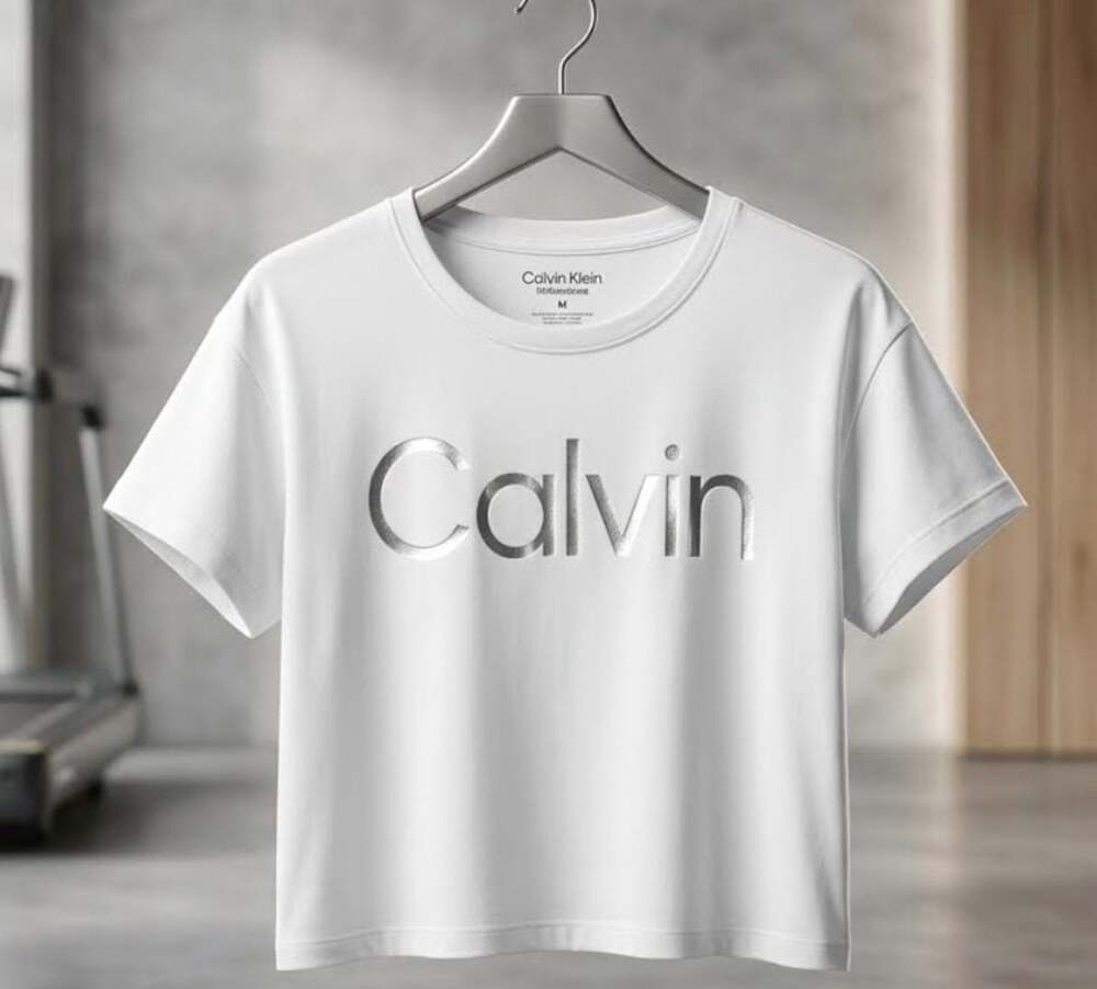Calvin Klein Womens Cropped T Shirt White Silver Sliced Logo Activewear Medium P